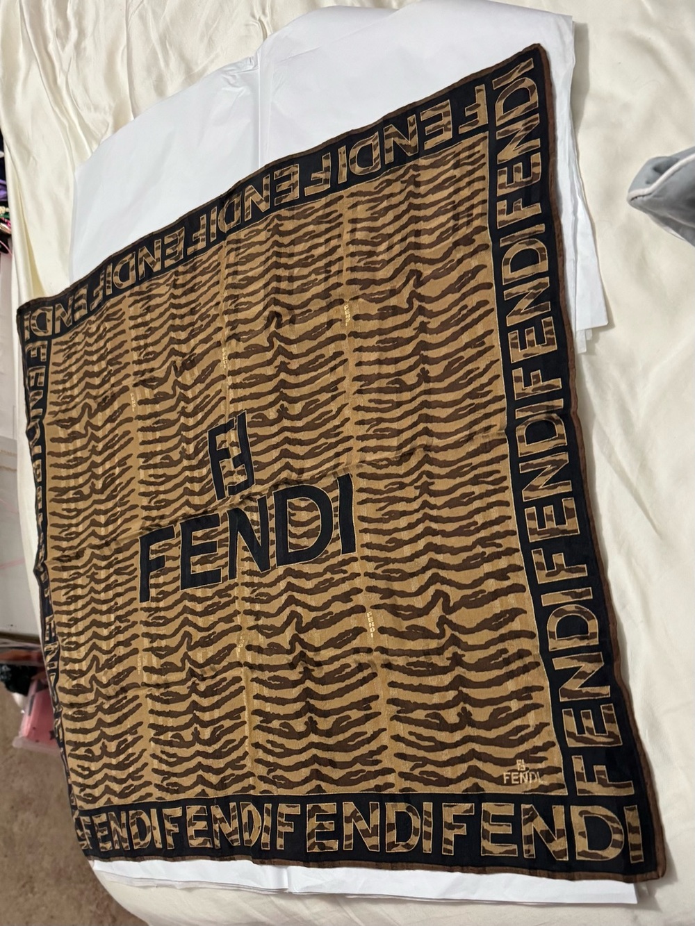 Fendi AUTHENTIC Vintage Logo FF Monogram Brown Black Zebra Small Scarf - Picture 9 of 16